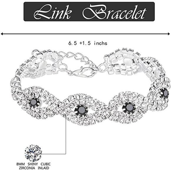 Black Siver Crystal Necklace Set CZ Cubic  Rhinestone Necklace Bracelet Earrings - Picture 4 of 5